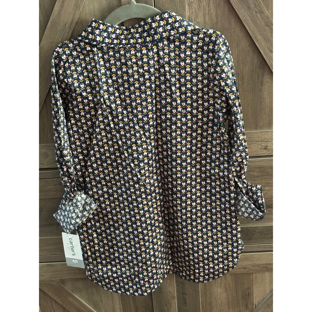 Carters Kid Girls Navy Blue Heart Floral Button Down Shirt Long Sleeve Size 4/5